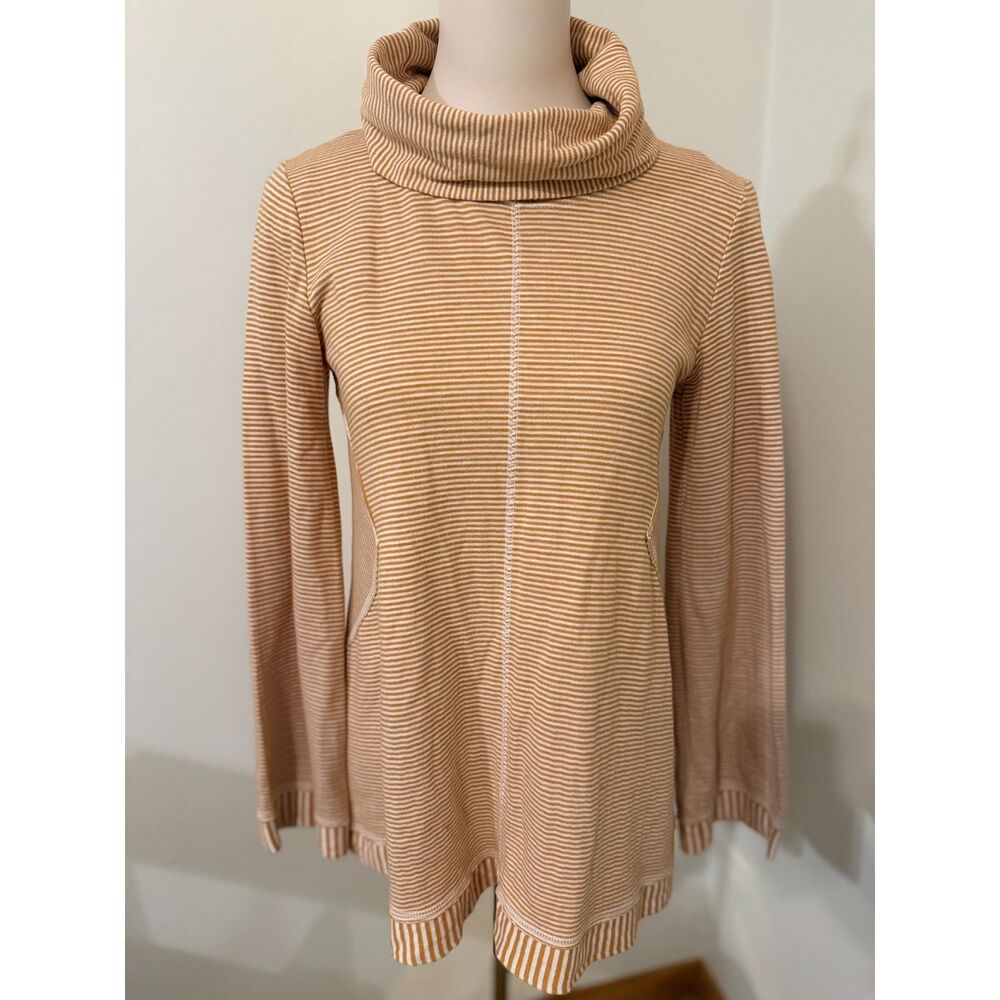 Maeve Anthropologie Tai Cowl Neck Striped Tunic Top Mustard Ivory XS